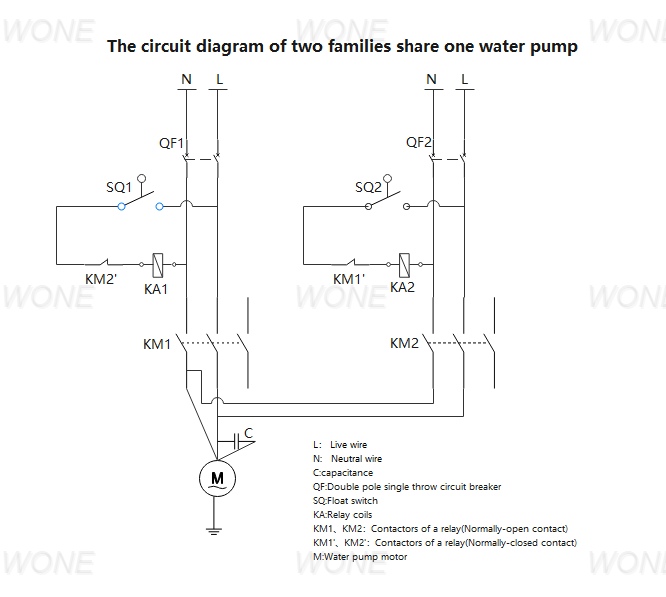 The circuit diagram of two families share one water pump