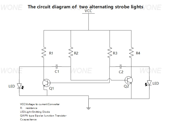 The circuit diagram of  two alternating strobe lights