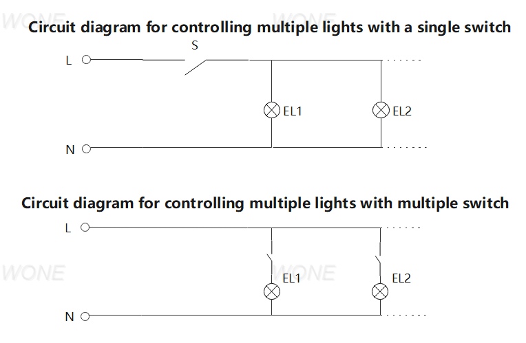 Circuit diagram for controlling multiple lights with a single switch and Circuit diagram for controlling multiple lights with multiple switch