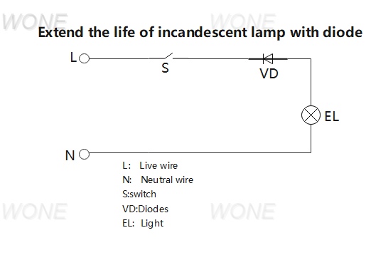 Extend the life of incandescent lamp with diode