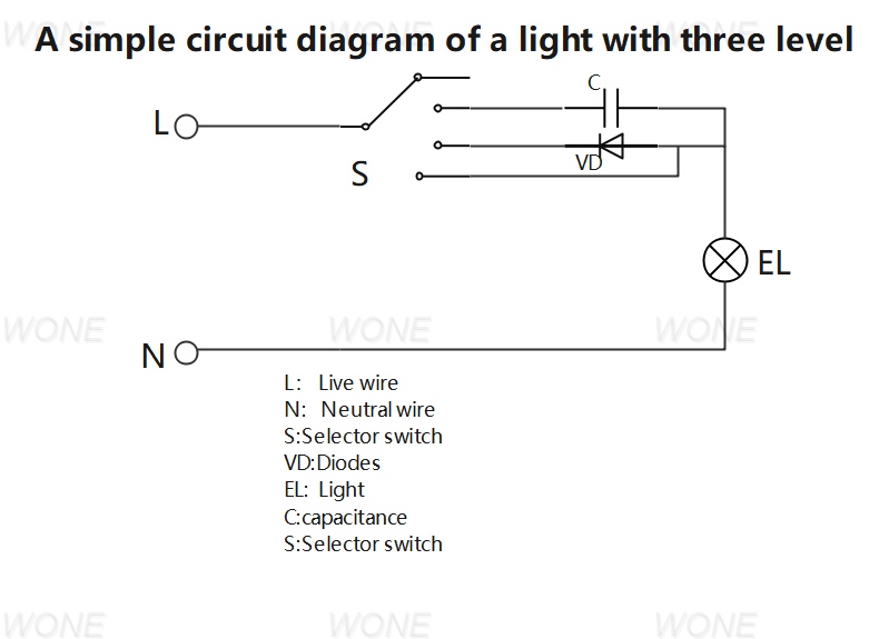 A simple circuit diagram of a light with three level