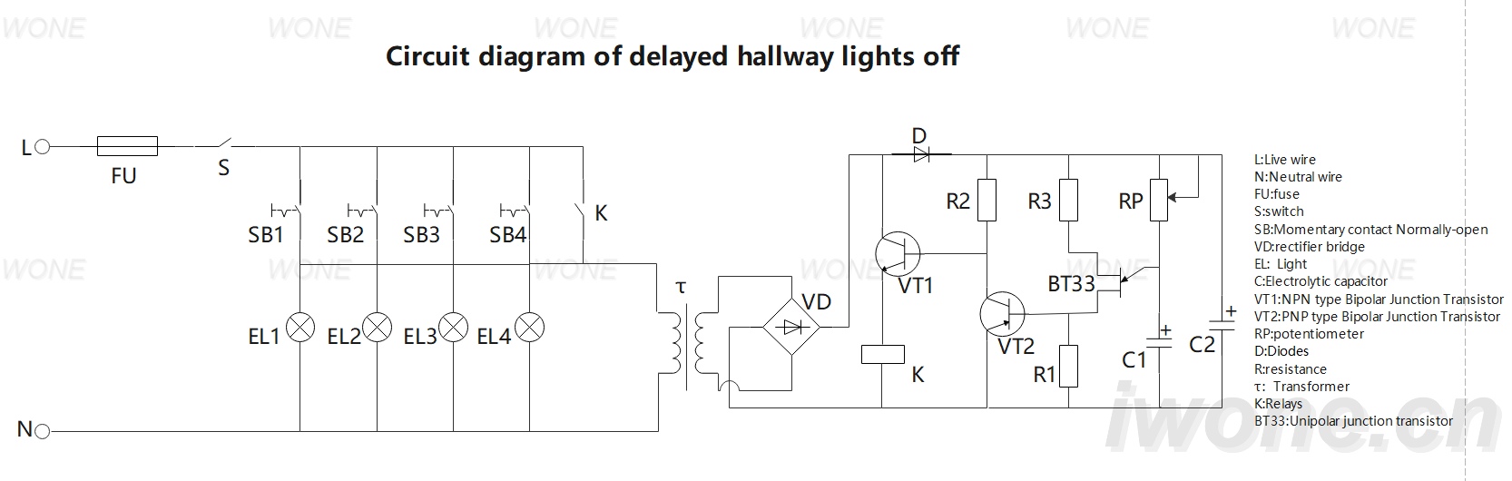 Circuit diagram of delayed hallway lights off