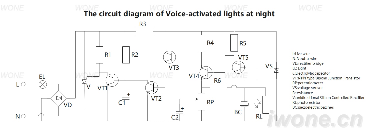 The circuit diagram of Voice-activated lights at night