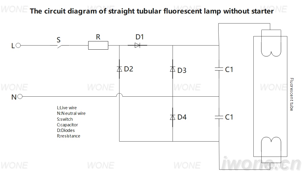 The circuit diagram of straight tubular fluorescent lamp without starter