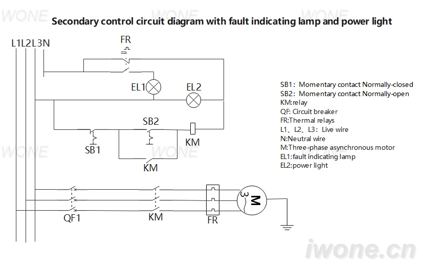 Secondary control circuit diagram with fault indicating lamp and power light