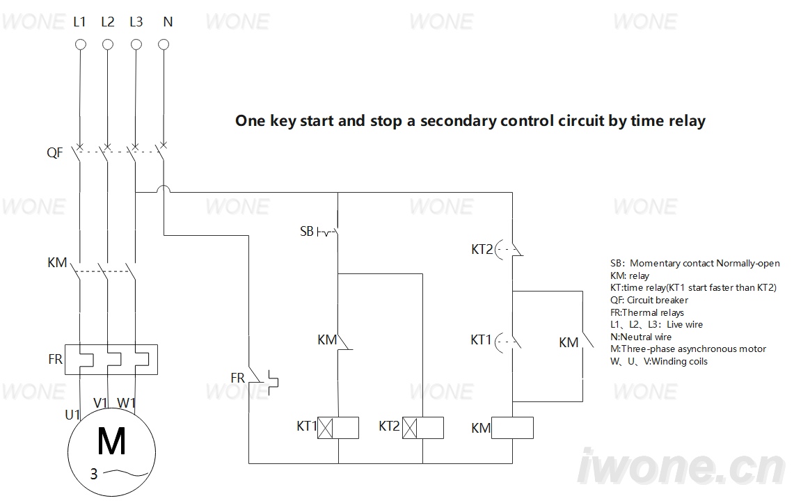 One key start and stop a secondary control circuit by time relay