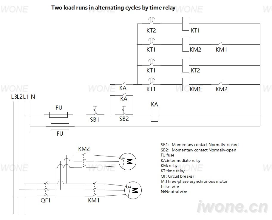 Two loads run in alternating cycles by time relay