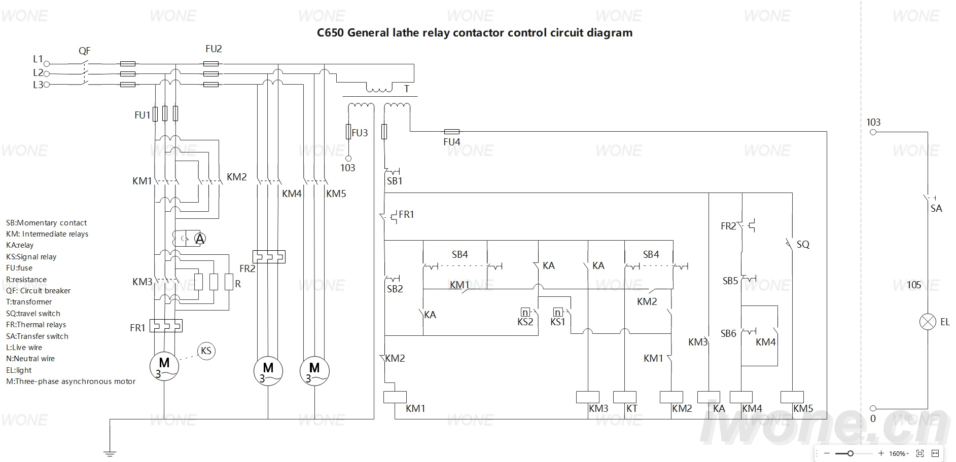 C650 General lathe relay contactor control circuit diagram