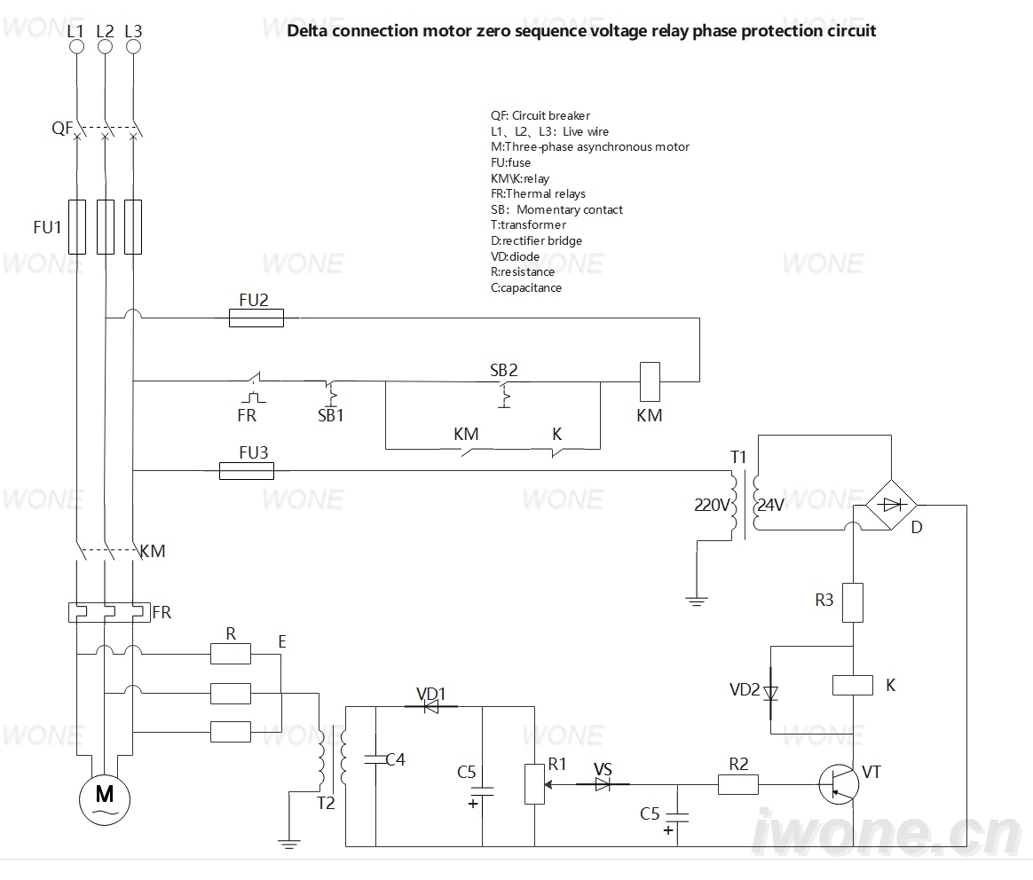 Delta connection motor zero sequence voltage relay phase protection circuit