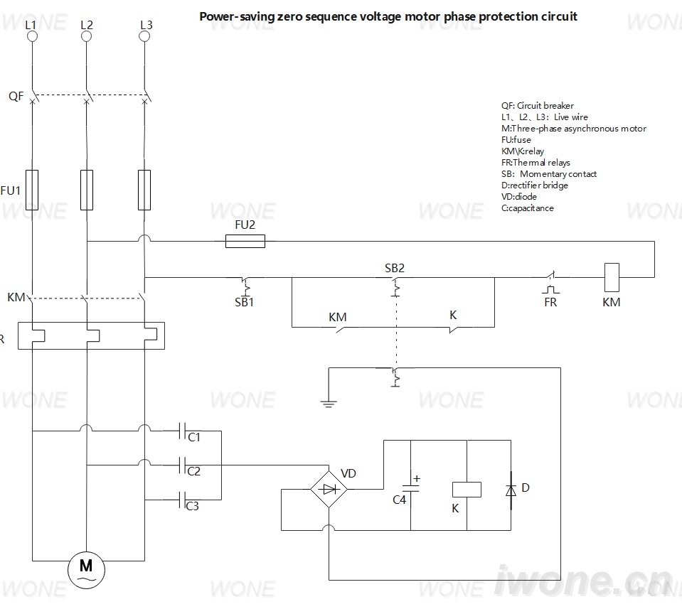 Power-saving zero sequence voltage motor phase protection circuit