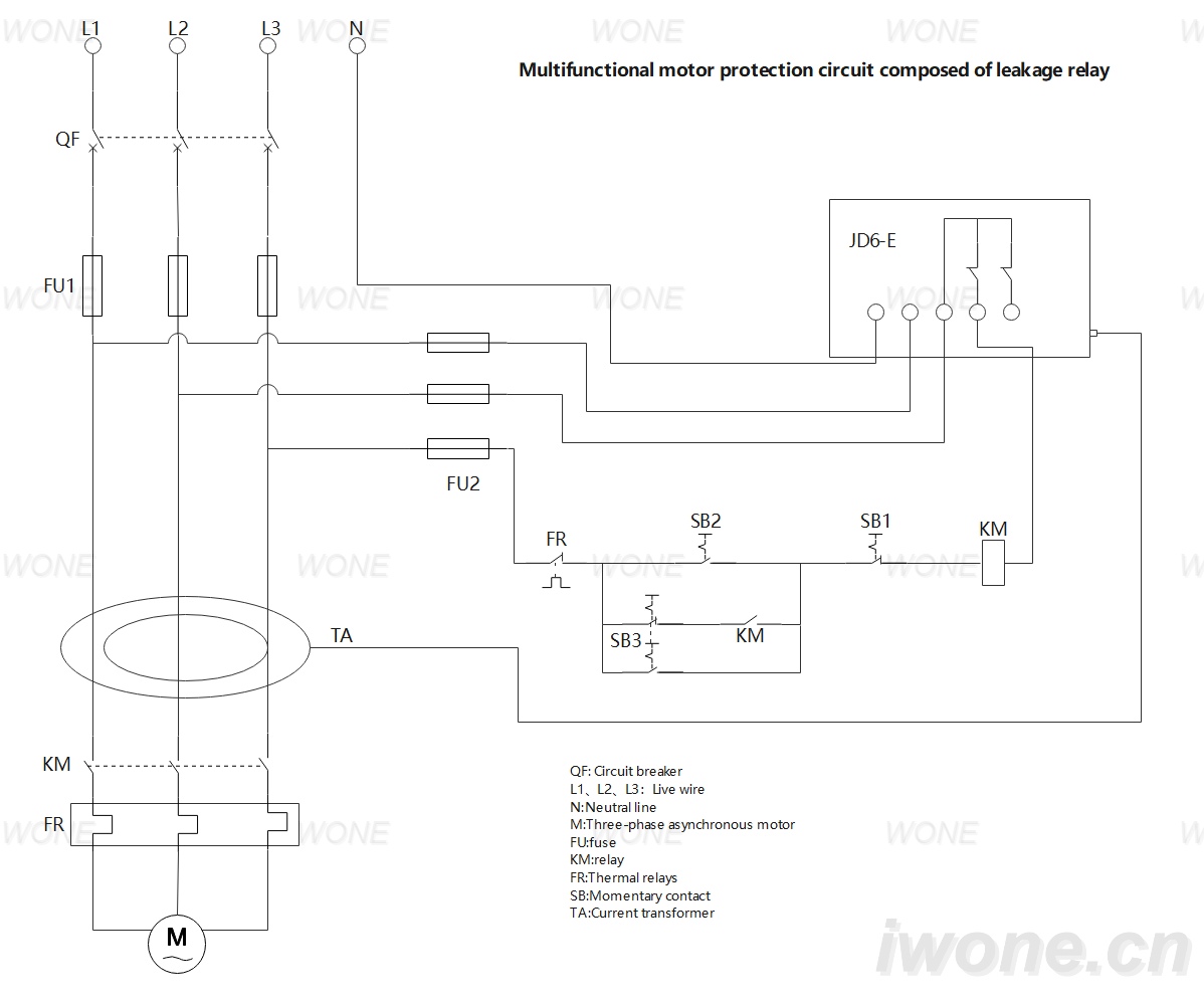 Multifunctional motor protection circuit composed of leakage relay