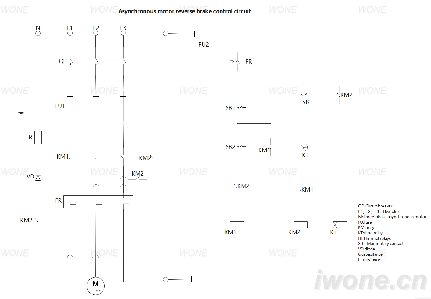 Asynchronous motor reverse brake control circuit