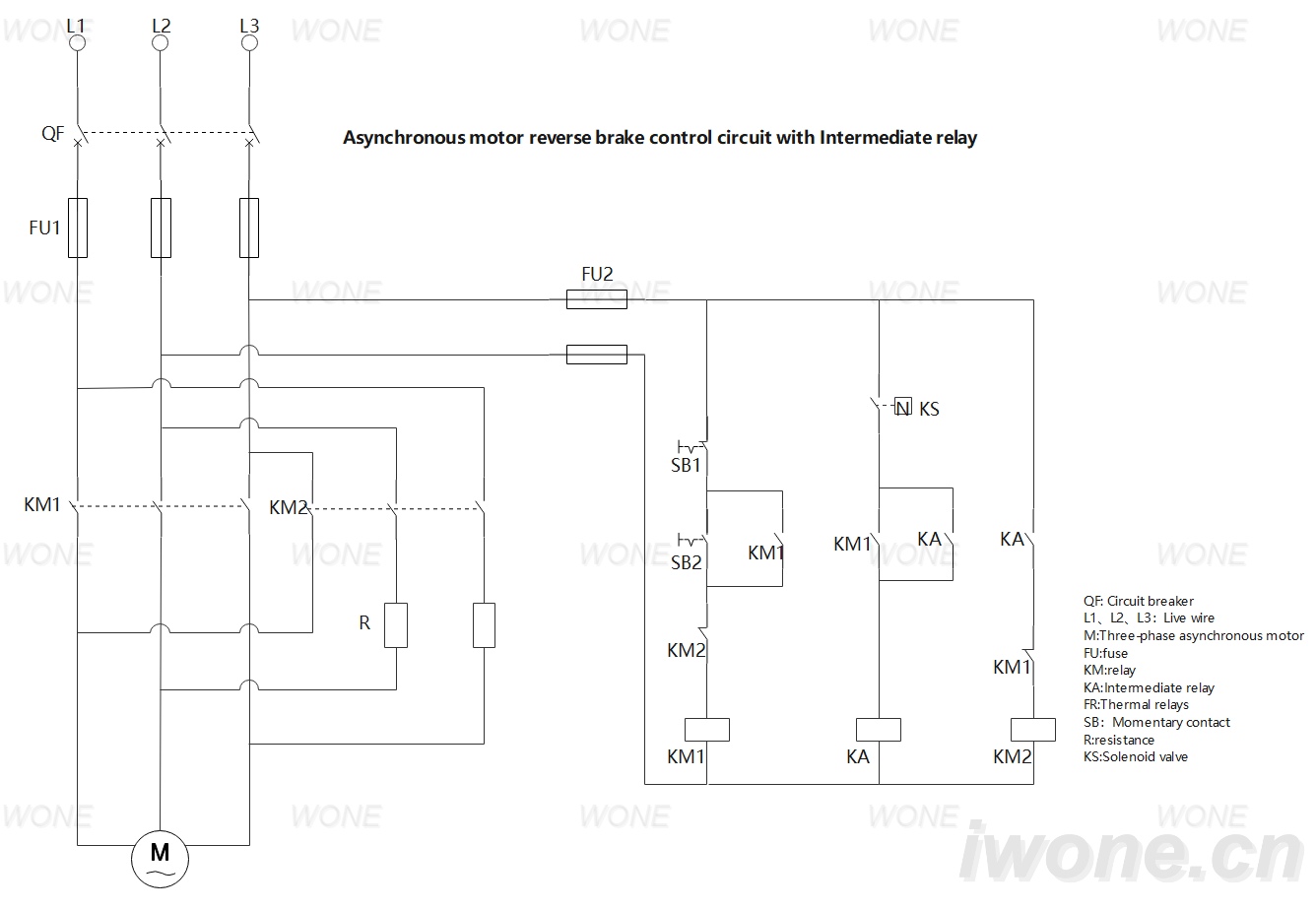 Asynchronous motor reverse brake control circuit with Intermediate relay