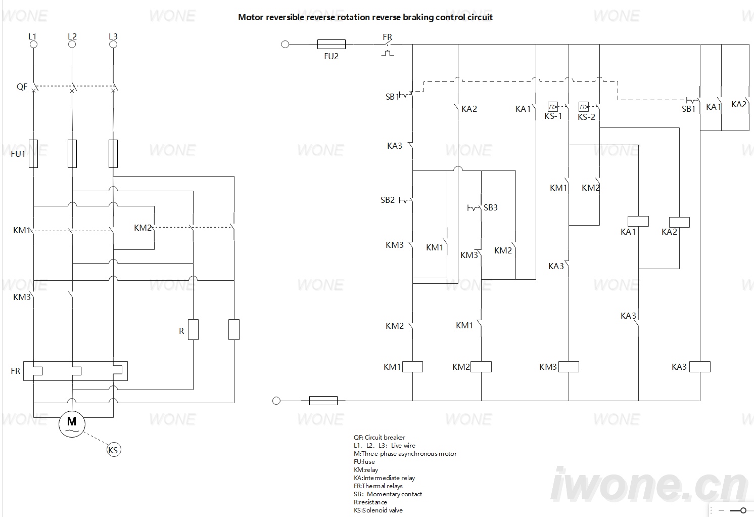 Motor reversible reverse rotation reverse braking control circuit