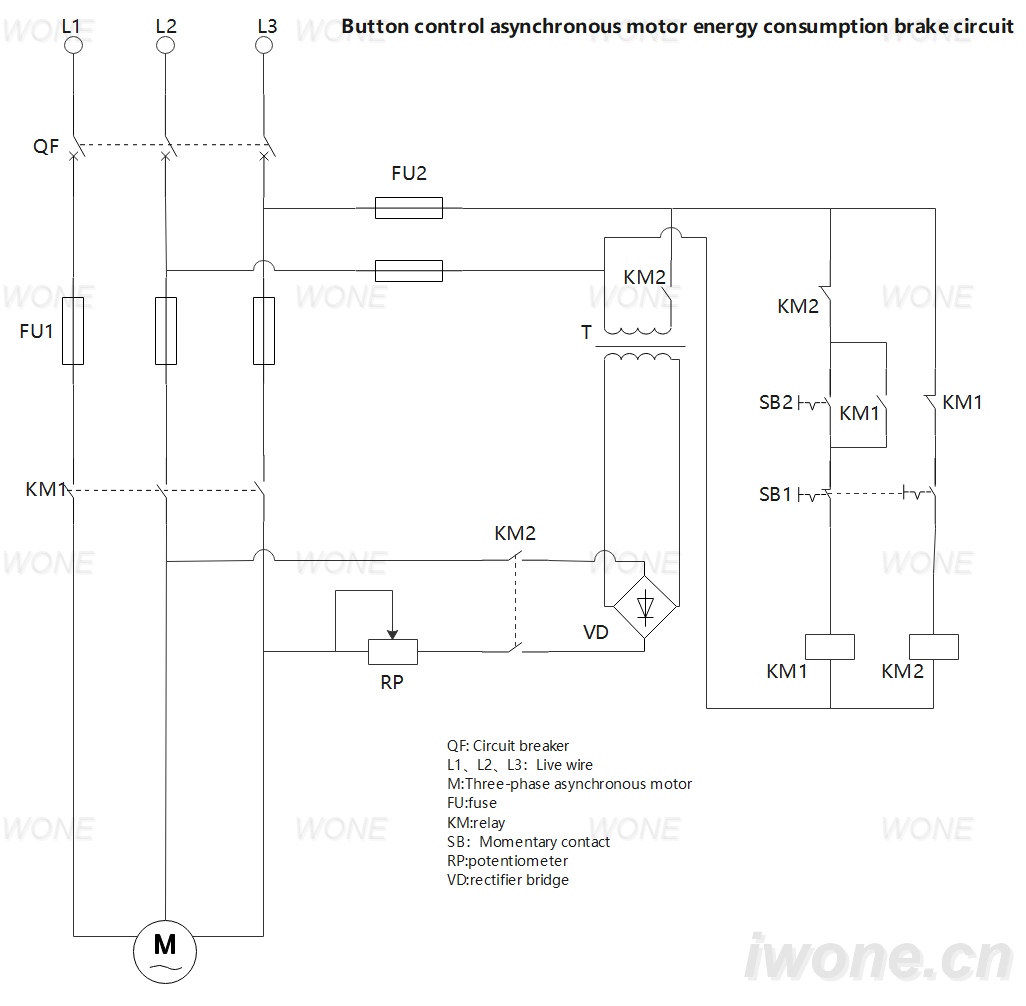 Button control asynchronous motor energy consumption brake circuit