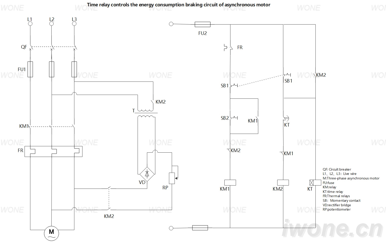 Time relay controls the energy consumption braking circuit of asynchronous motor