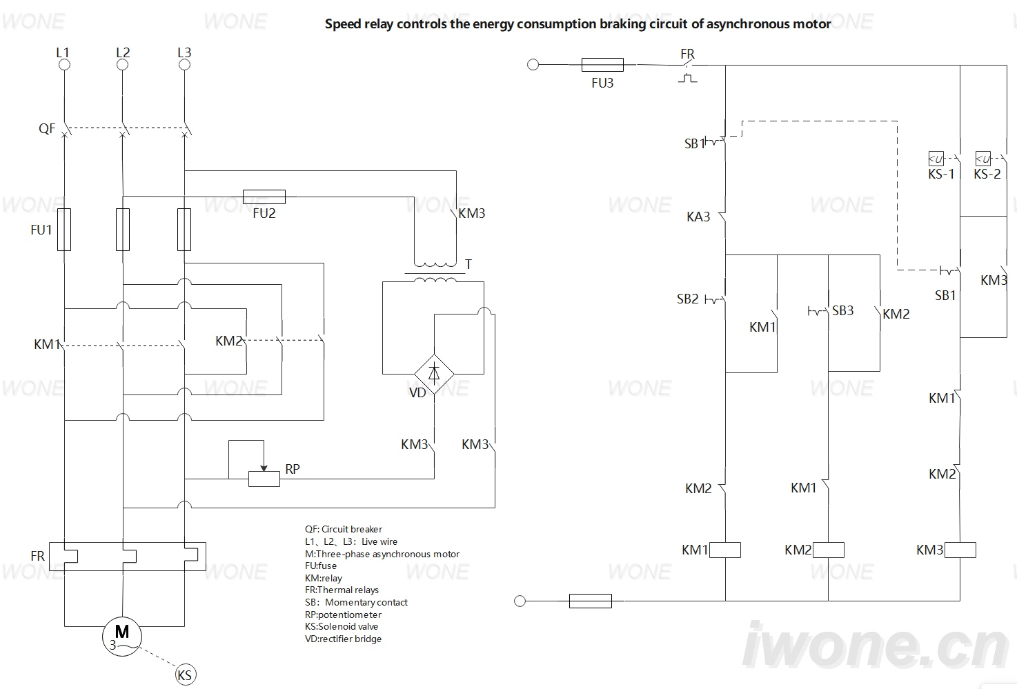 Speed relay controls the energy consumption braking circuit of asynchronous motor