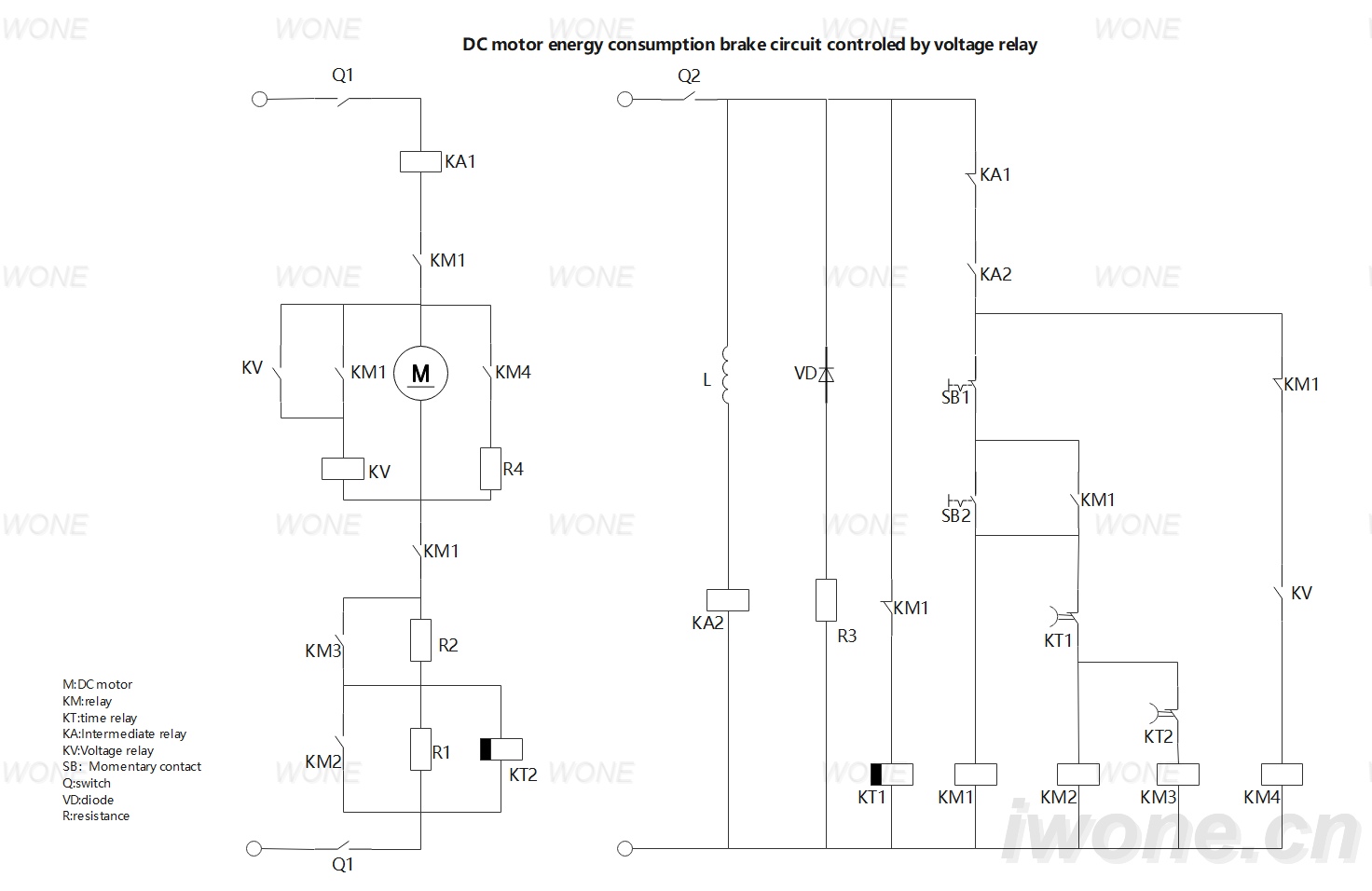 DC motor energy consumption brake circuit controled by voltage relay