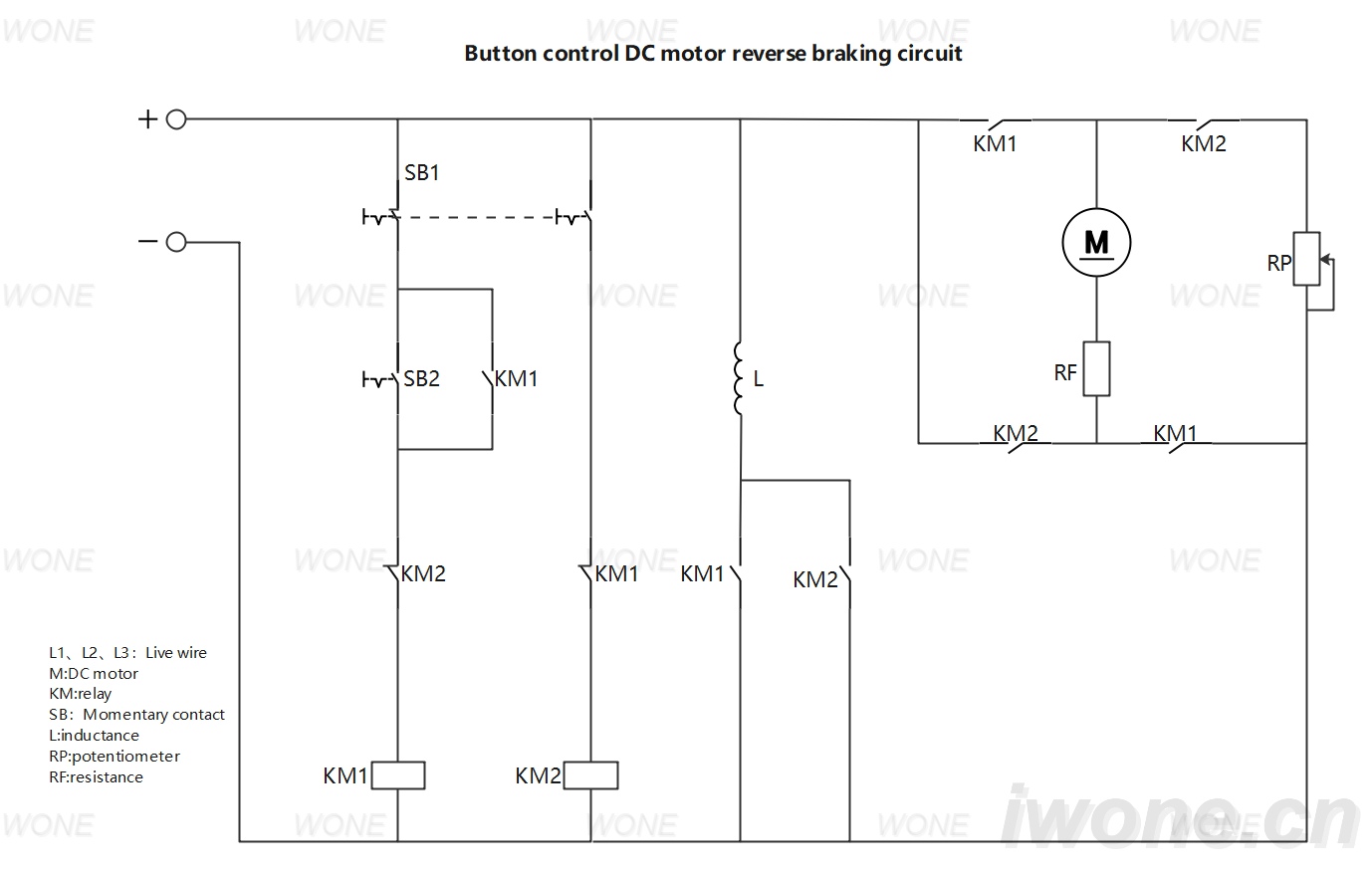 DC motor reverse braking circuit controled  by button 