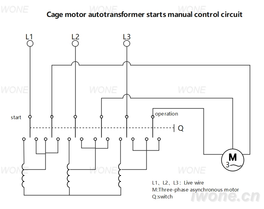 Cage motor autotransformer starts manual control circuit