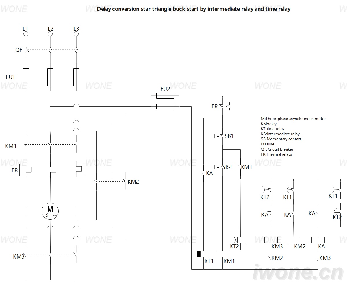 Delay conversion star triangle buck start by intermediate relay and time relay