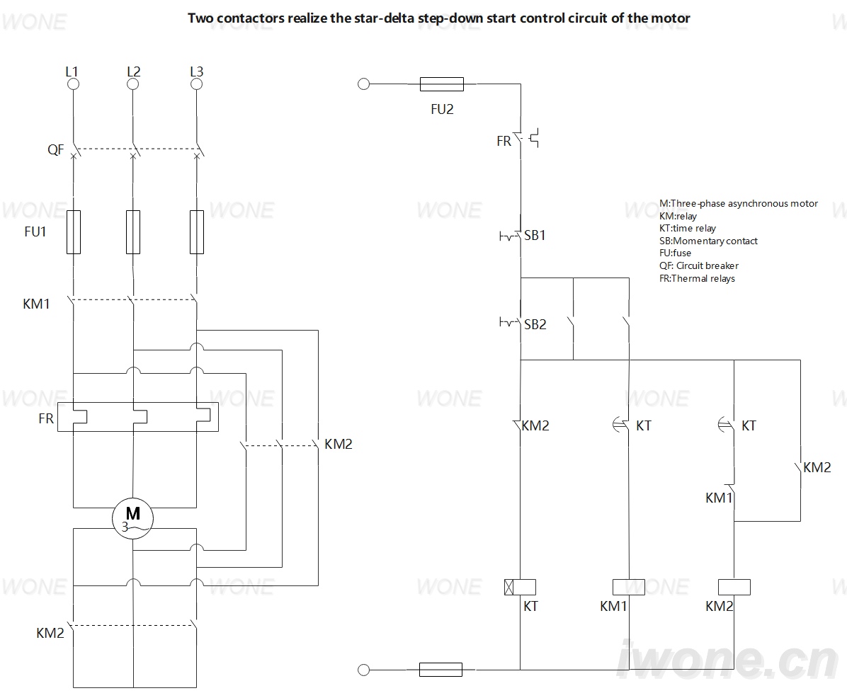 Two contactors realize the star-delta step-down start control circuit of the motor