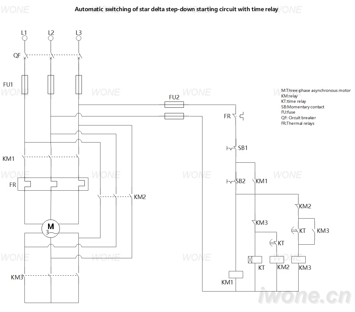 Automatic switching of star delta step-down starting circuit with time relay