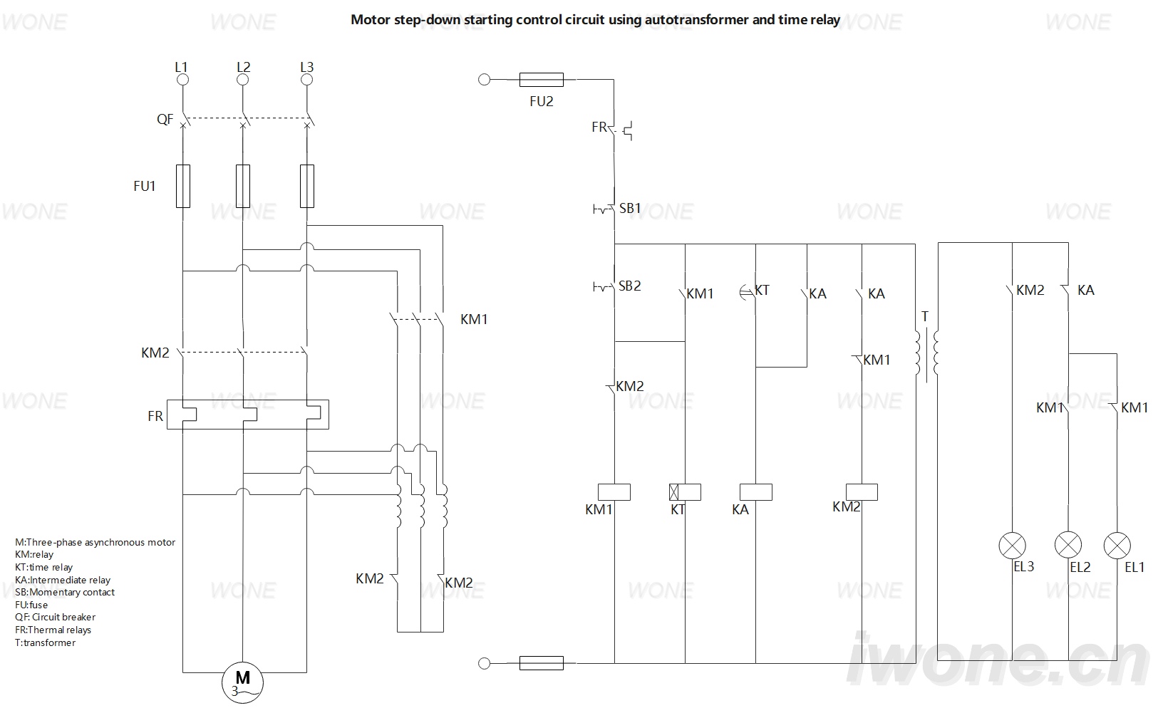 Motor step-down starting control circuit using autotransformer and time relay