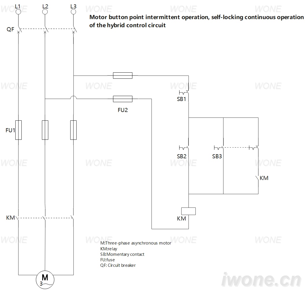 Motor button point intermittent operation, self-locking continuous operation of the hybrid control circuit