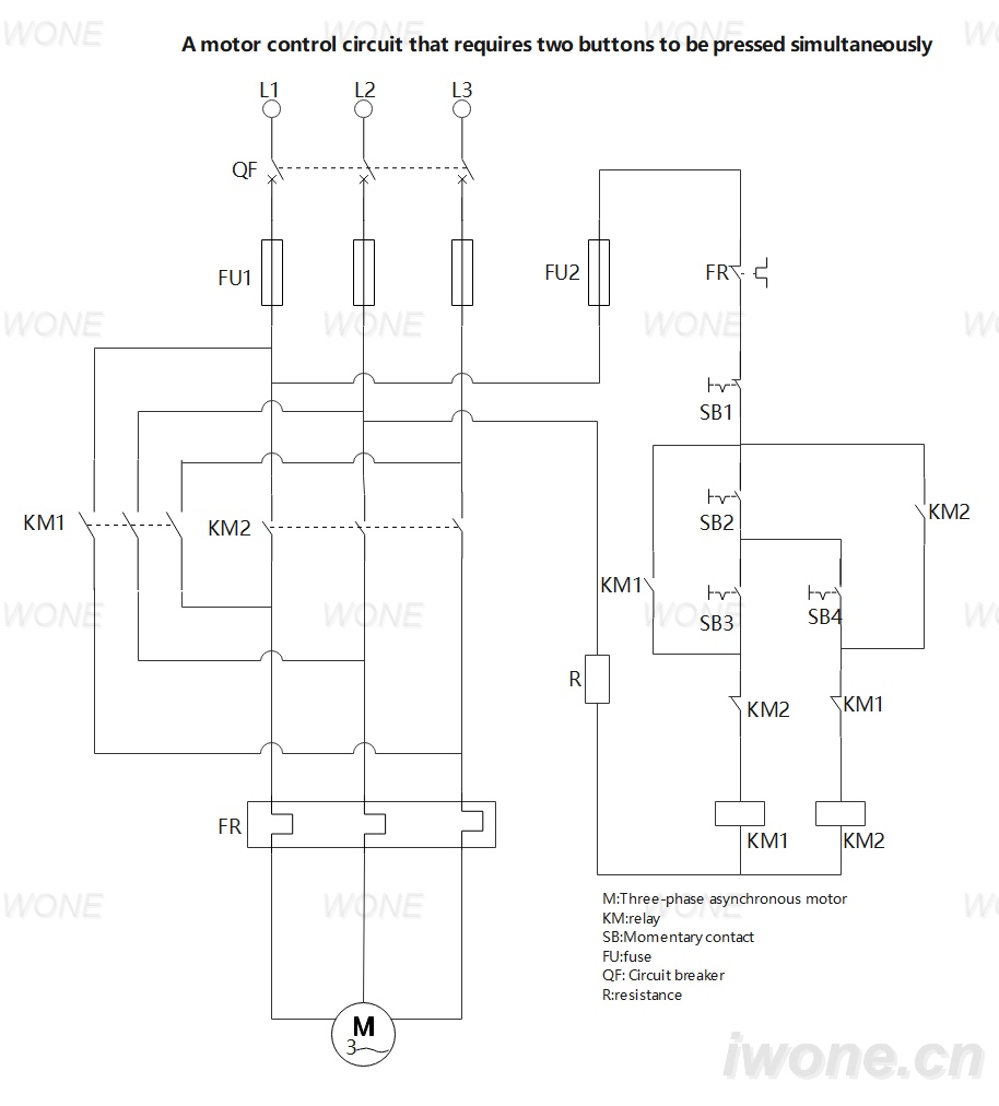 A motor control circuit that requires two buttons to be pressed simultaneously