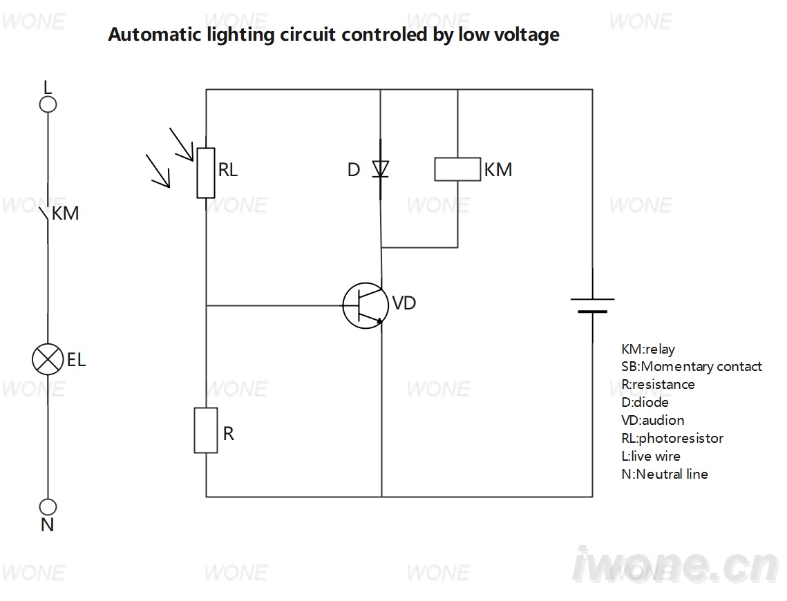 Automatic lighting circuit controled by low voltage