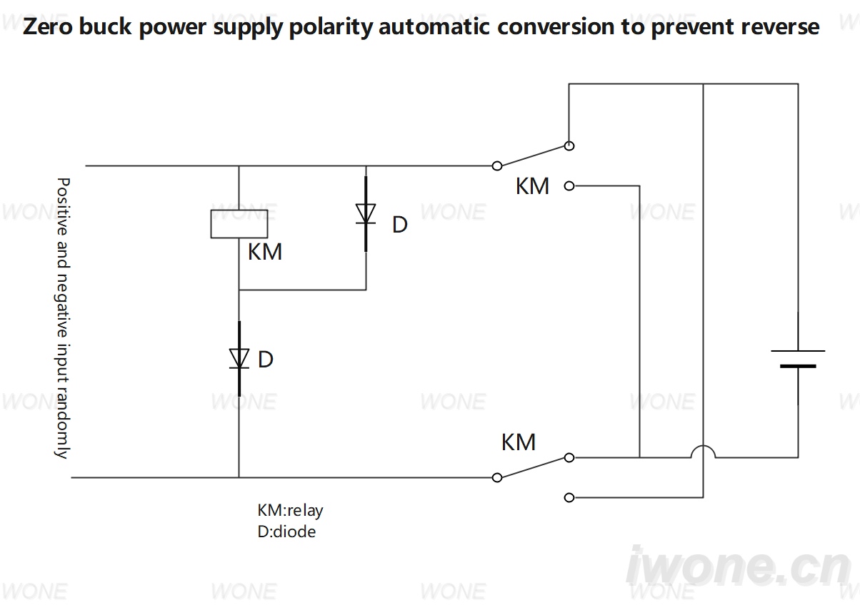 Zero buck power supply polarity automatic conversion to prevent reverse