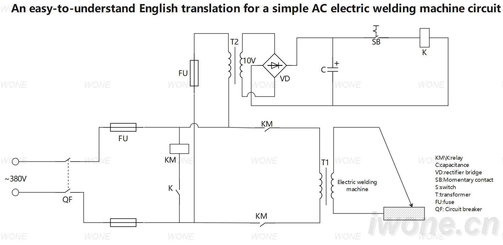 An easy-to-understand English translation for a simple AC electric welding machine circuit