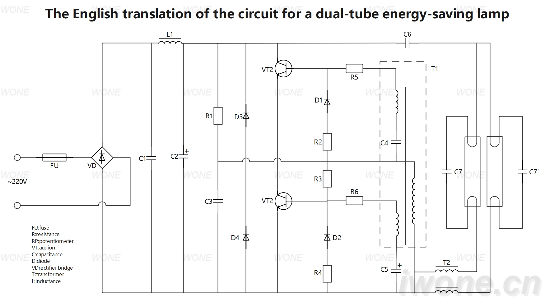 The English translation of the circuit for a dual-tube energy-saving lamp