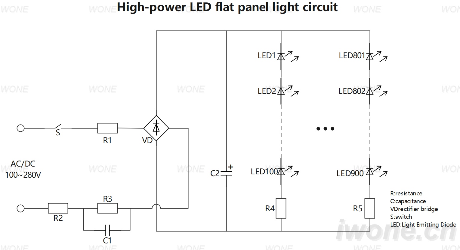 High-power LED flat panel light circuit