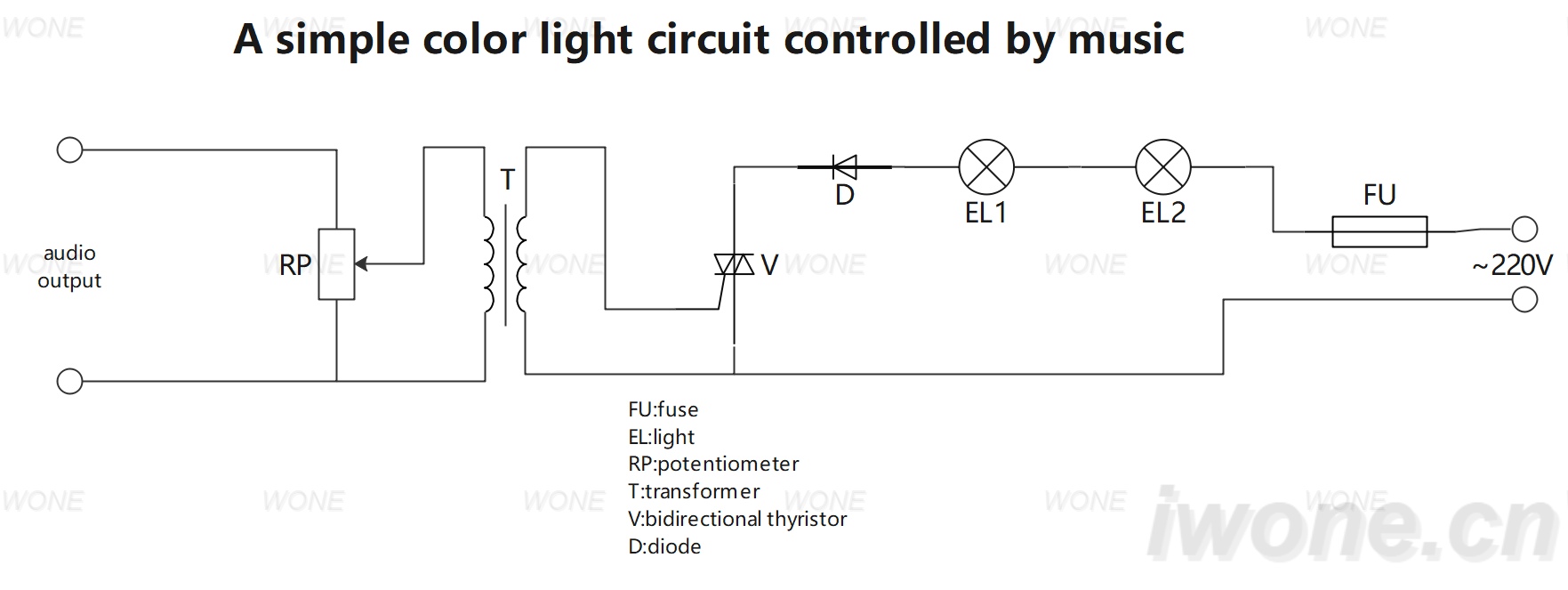 A simple color light circuit controlled by music