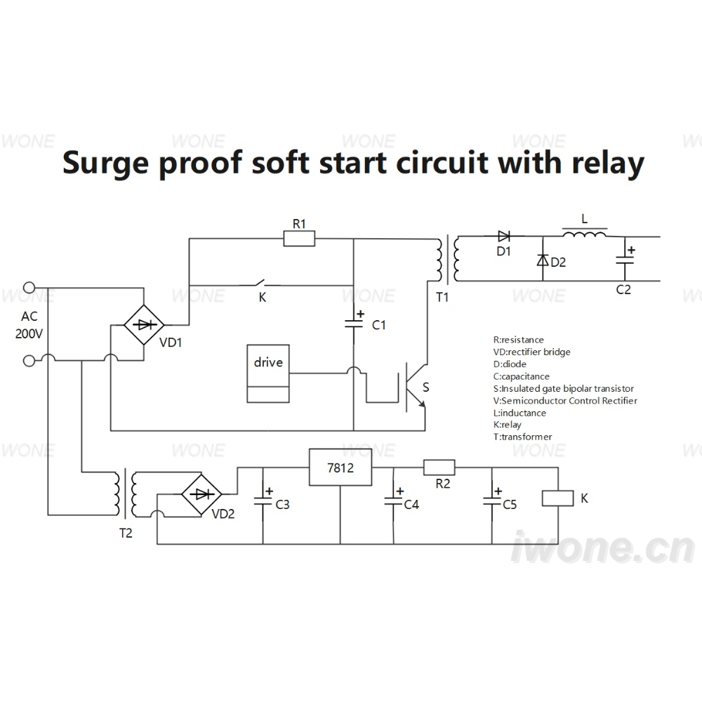 Surge proof soft start circuit with relay