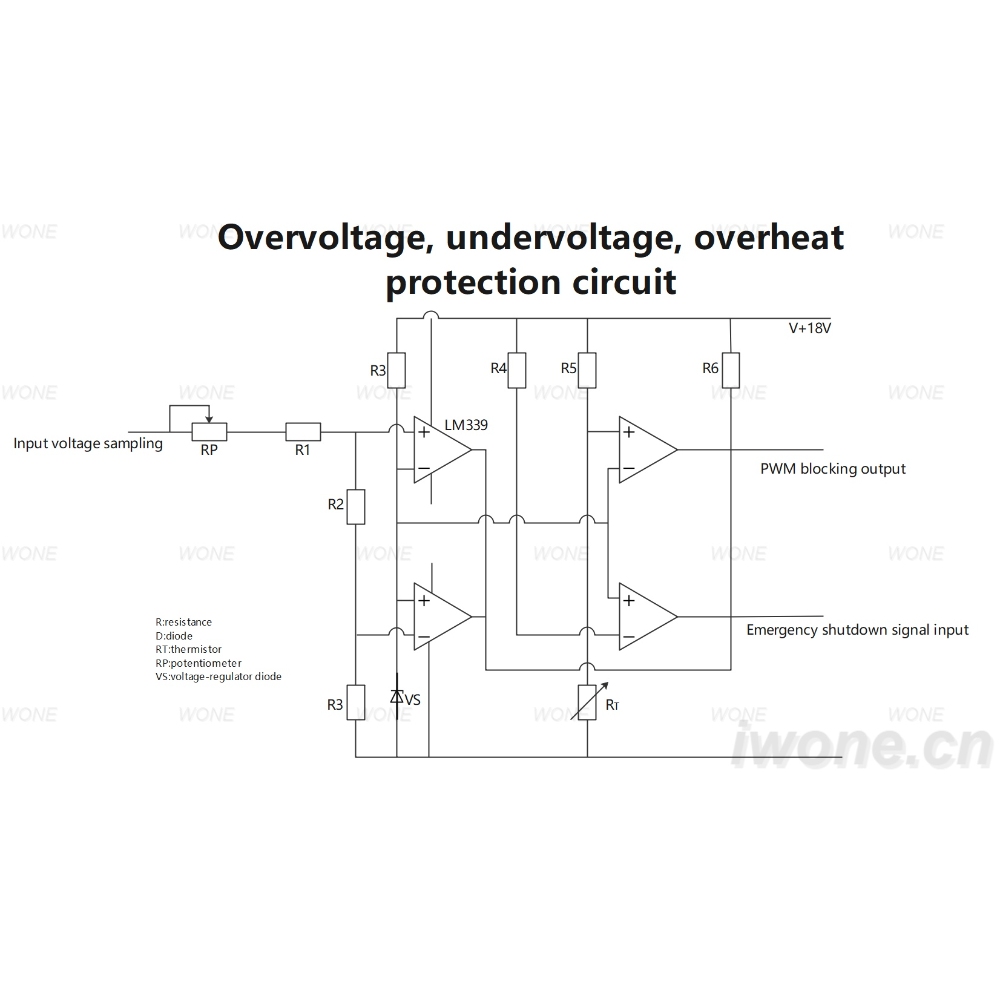 Overvoltage, undervoltage, overheat protection circuit