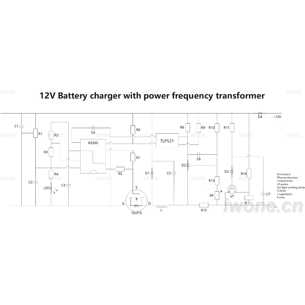 12V Battery charger with power frequency transformer