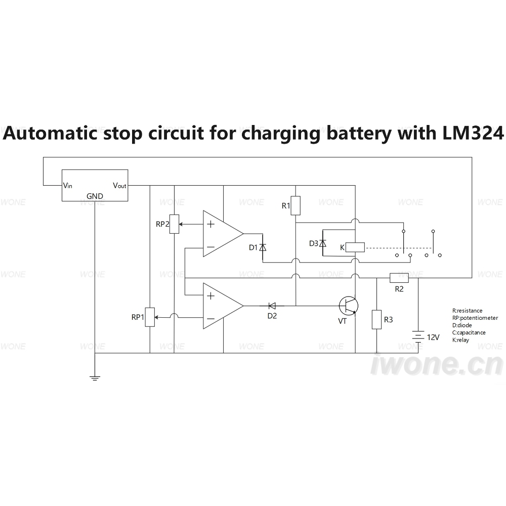 Automatic stop circuit for charging battery with LM324