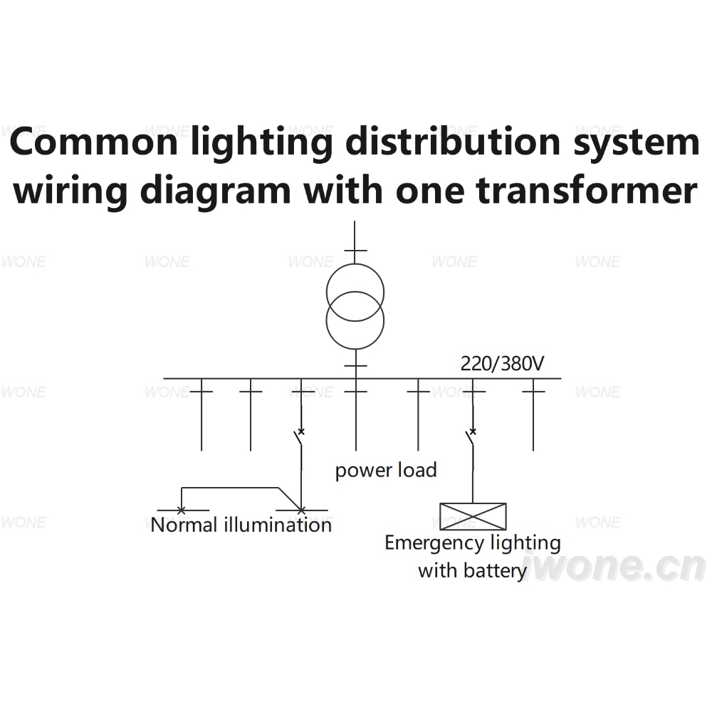 Common lighting distribution system wiring diagram with one transformer