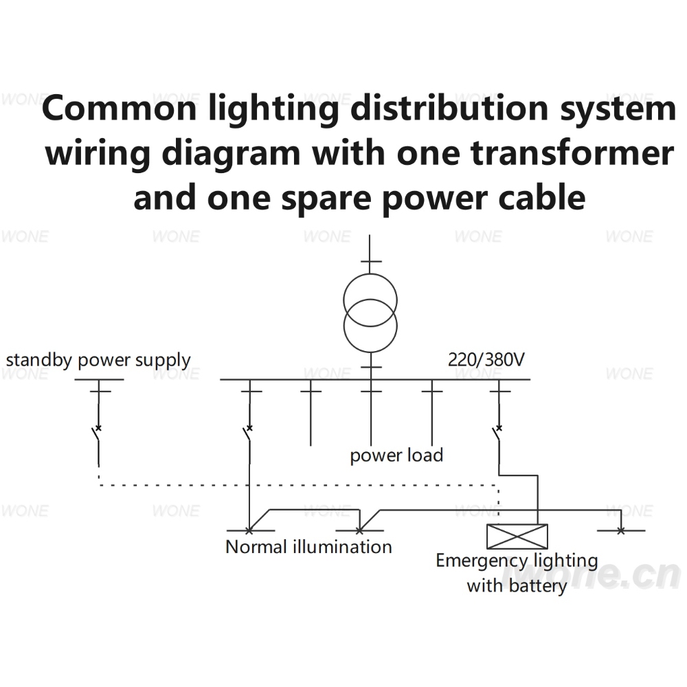 Common lighting distribution system wiring diagram with one transformer and one spare power cable