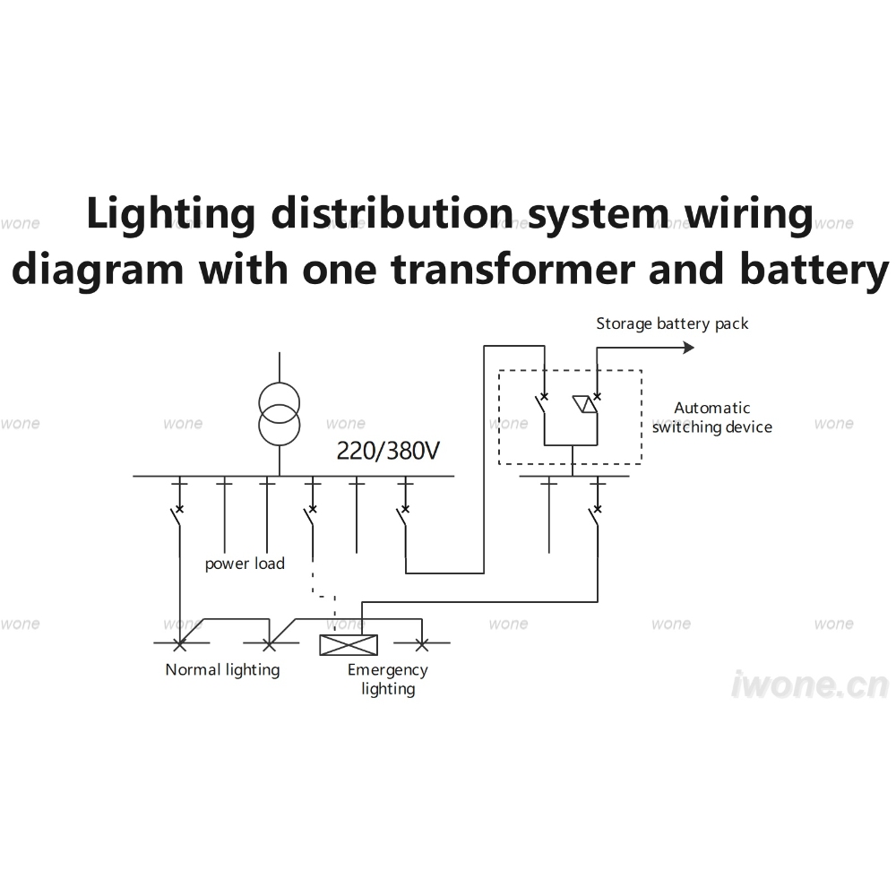 Lighting distribution system wiring diagram with one transformer and battery