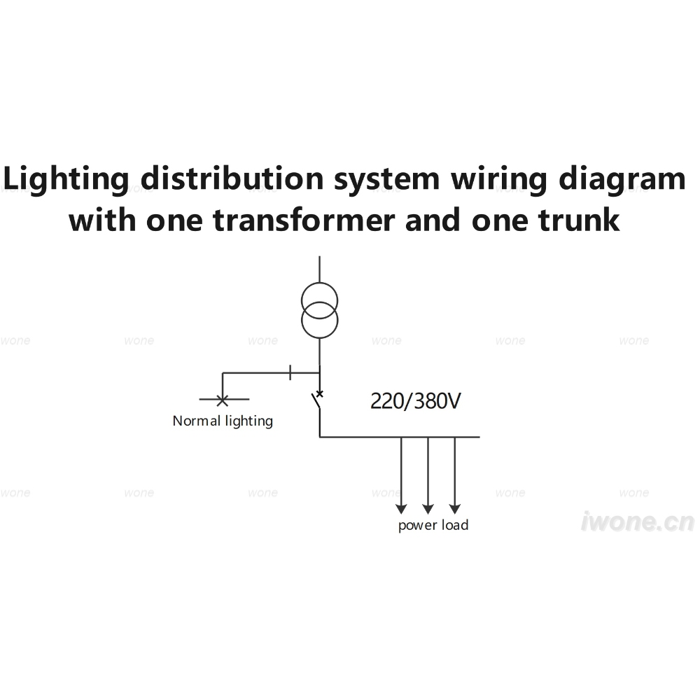 Lighting distribution system wiring diagram with one transformer and one trunk