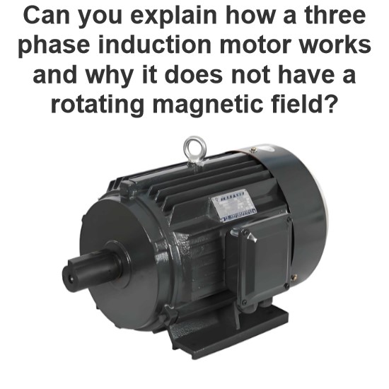 Can you explain how a three phase induction motor works and why it does not have a rotating magnetic field?