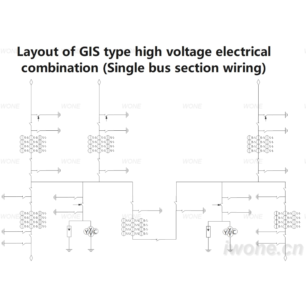 Layout of GIS type high voltage electrical combination (Single bus section wiring)