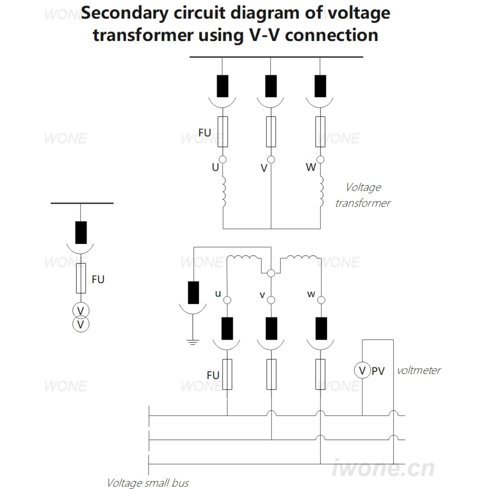 Secondary circuit diagram of voltage transformer using V-V connection