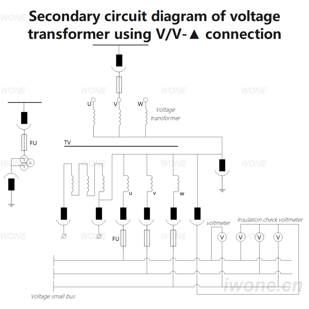 Secondary circuit diagram of voltage transformer using V/V-▲ connection