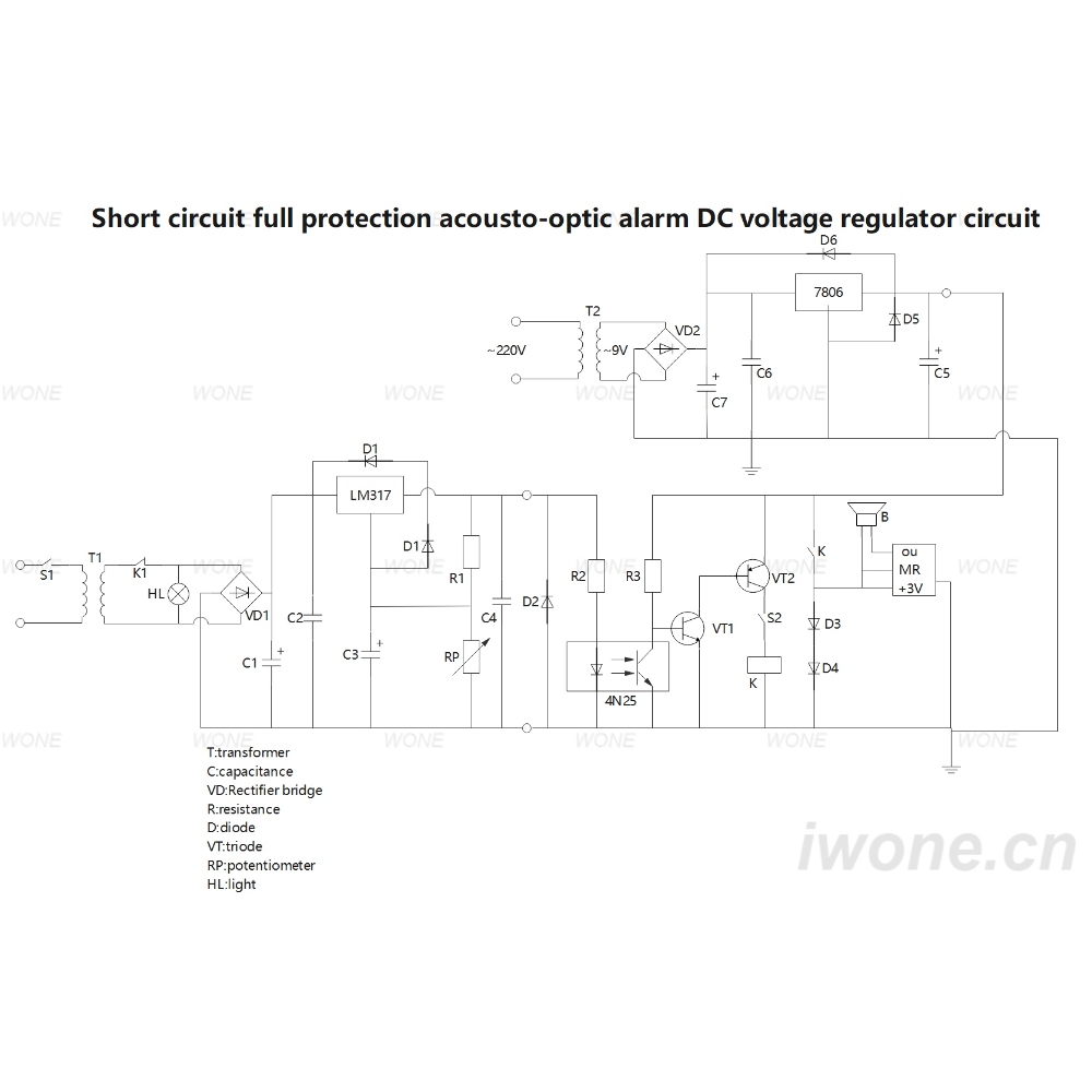 Short circuit full protection acousto-optic alarm DC voltage regulator circuit