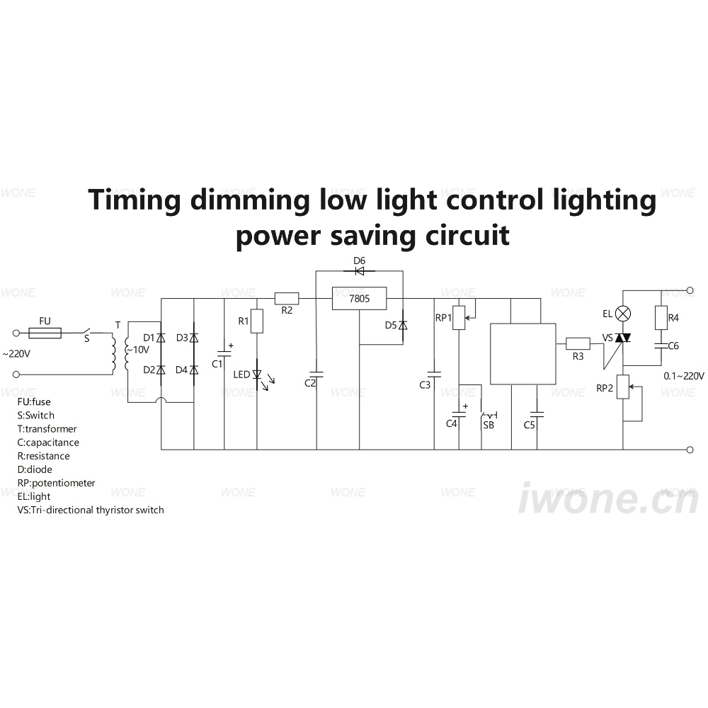 Timing dimming low light control lighting power saving circuit